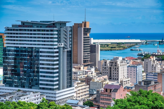 Aerial view of Port Louis, Mauritius Island, Africa.