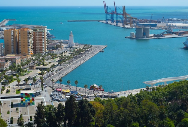 Aerial view of the port of Malaga during the summer