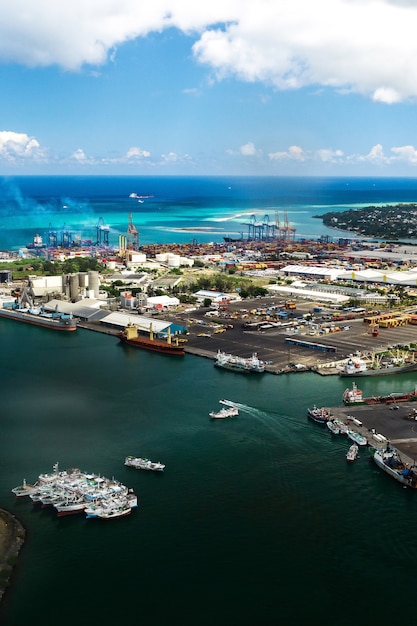 Aerial view of the port on the waterfront of PORT LOUIS, Mauritius, Africa.