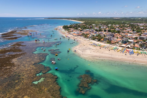 Aerial view of Porto de Galinhas beaches, Pernambuco, Brazil. Natural pools. Fantastic vacation travel. Great beach scene.