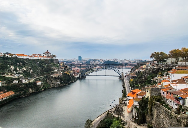 Aerial view of porto portugal and metallic dom luis bridge over douro river november