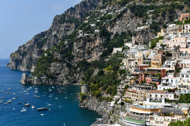 Aerial view of positano with comfortable beach and blue sea on amalfi coast in campania italy amalfi coast is popular travel and holyday destination in europe