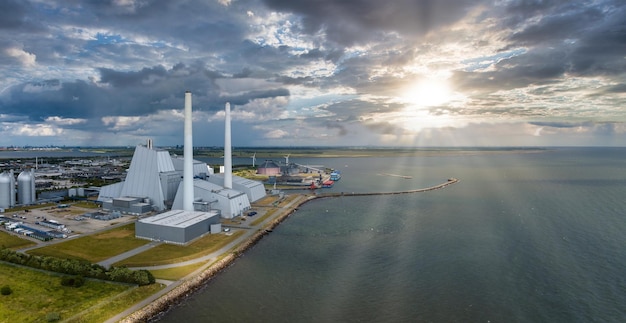 Aerial view of the power station esg green energy in copenhagen denmark