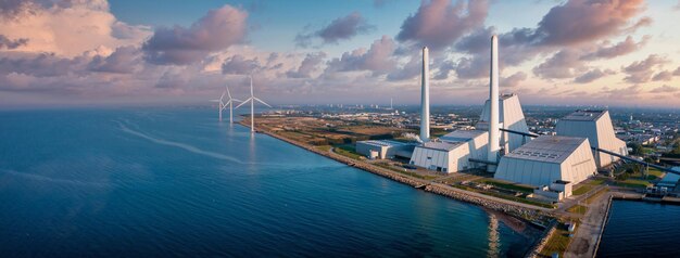 Aerial view of the Power station. One of the most beautiful and eco friendly power plants in the world. ESG green energy.