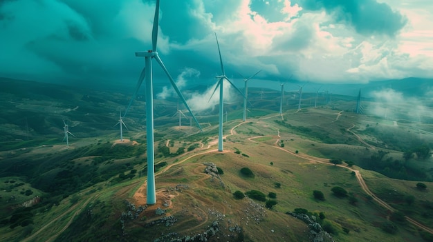 고지대에서 아름다운 구름 하늘에서 에너지 생산을위한 강력한 풍력 터빈 농장의 공중 사진 풍력 발전 터빈은 지속 가능한 발전을 위해 깨하고 재생 가능한 에너지를 생산합니다.