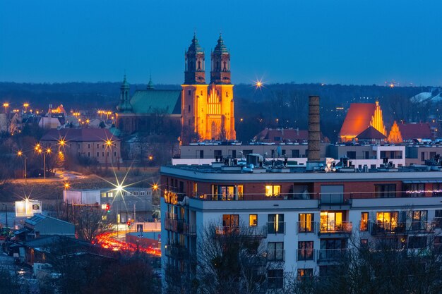 Aerial view of Poznan with Poznan Cathedral at sunset