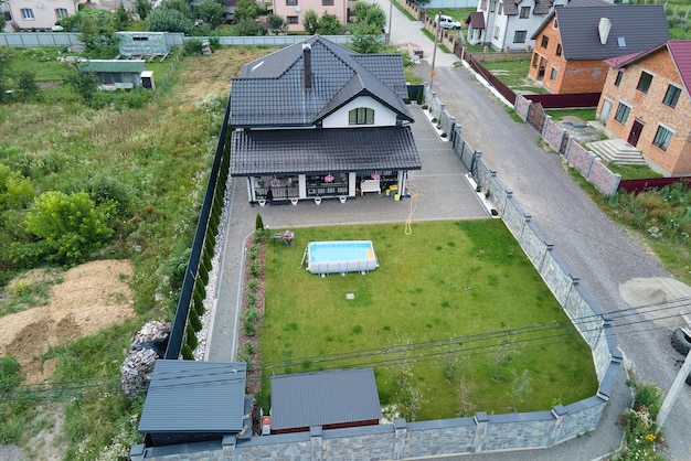 Aerial view of private house with green backyard and small swimming pool on grass lawn