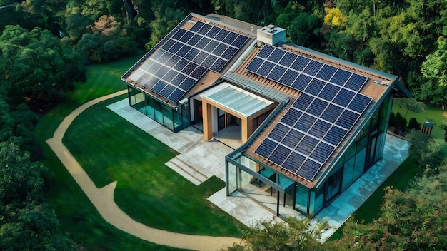 Aerial view of a private house with solar panels on the roof