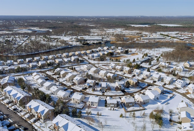 Aerial view over the private town residential houses gardens