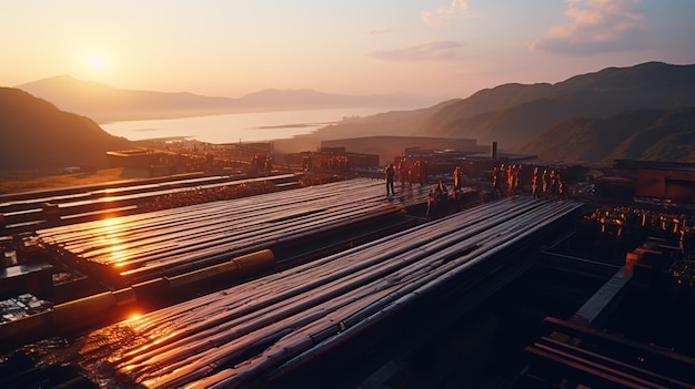 Aerial view of Production of metal product or iron rod in the morning background