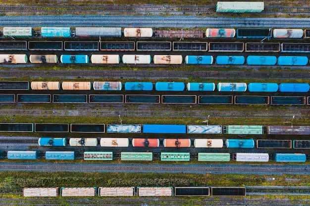 Aerial view of rail sorting freight station with railway carriage with many rail tracks railroad Heavy industry landscape