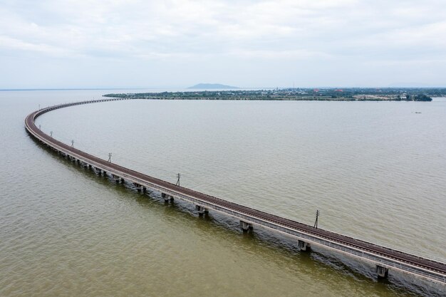 Aerial view of railway bridge above the reservoir of Pa Sak Jolasid dam at Lopburi, amazing Thailand in the rain season