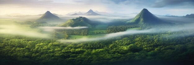 An aerial view of rainforest and volcano mountains Outdoor travel concept AI generated