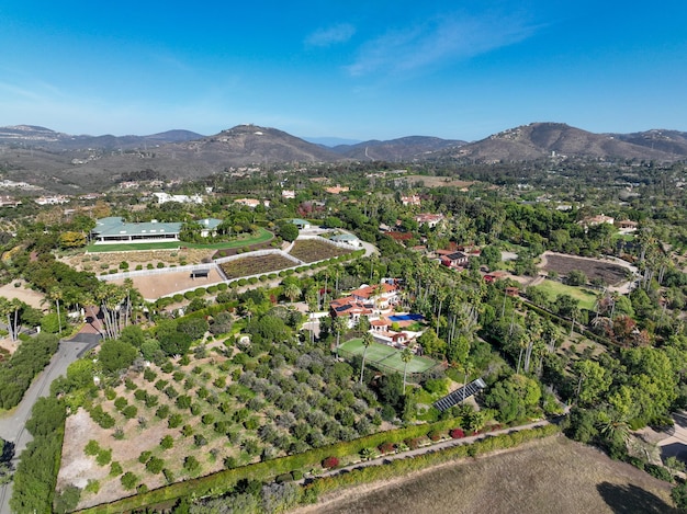 Aerial view over rancho santa fe super wealthy town in san diego california usa
