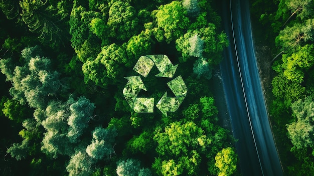 Photo aerial view of a recycling symbol integrated into a lush forest next to a road