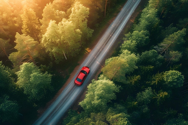 Взгляд с воздуха на красную машину, едущую по дороге
