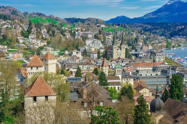 Aerial view of the red tiled roofs of the old town of Lucerne from city wall