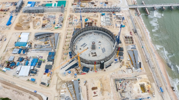 Aerial view refinery oil tanks construction site