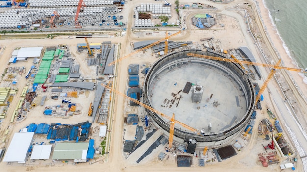 Aerial view refinery oil tanks construction site