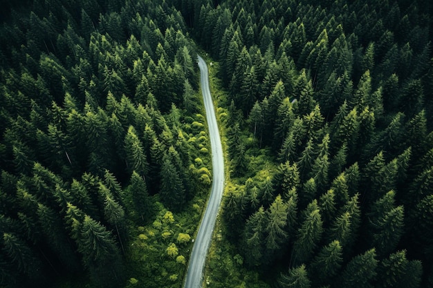 遠隔の森林道路の空中写真