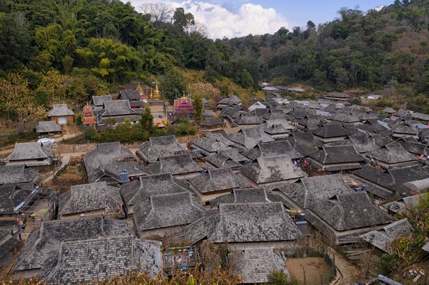 Aerial view of the remote nuogang dai village in lancang yunnan - china