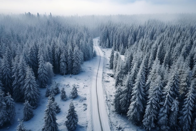 遠隔の冬の森の道路の空中写真