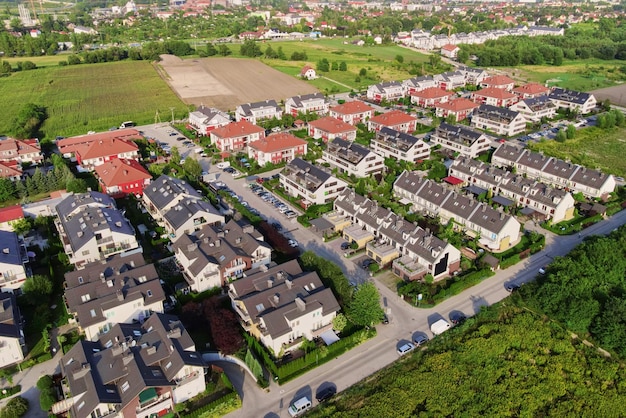 Aerial view of residential area in small town