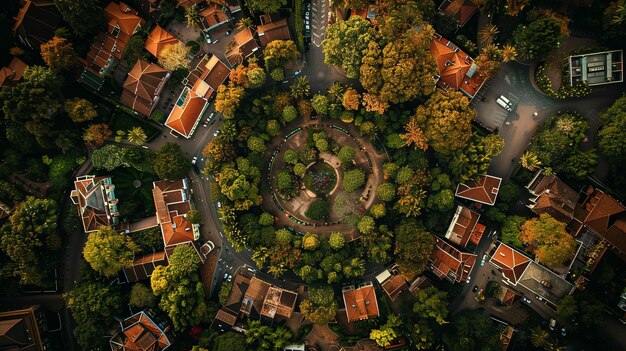 Photo an aerial view of a residential area with a central park the park is circular and has a fountain in the middle