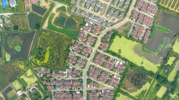 An aerial view of a residential housing neighborhood in nakhon pathom thailand