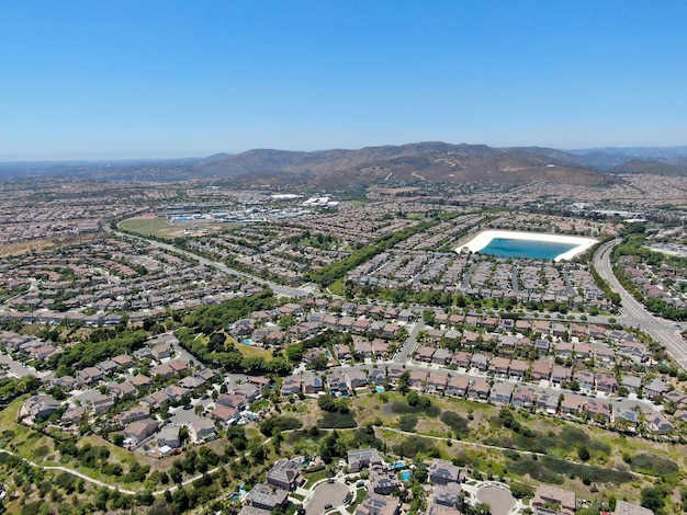 Aerial view of residential modern subdivision luxury house in South California