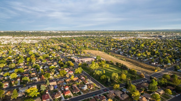 Aerial view of residential neighborhood in the Autumn.