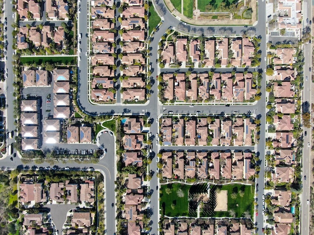 Aerial view of residential subdivision house South California. Urban sprawl