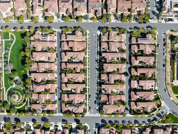 Aerial view of residential subdivision house South California. Urban sprawl