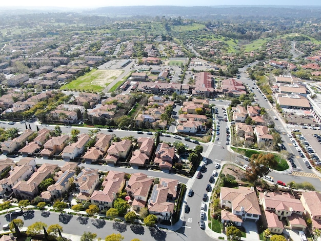 Aerial view of residential subdivision house South California. Urban sprawl