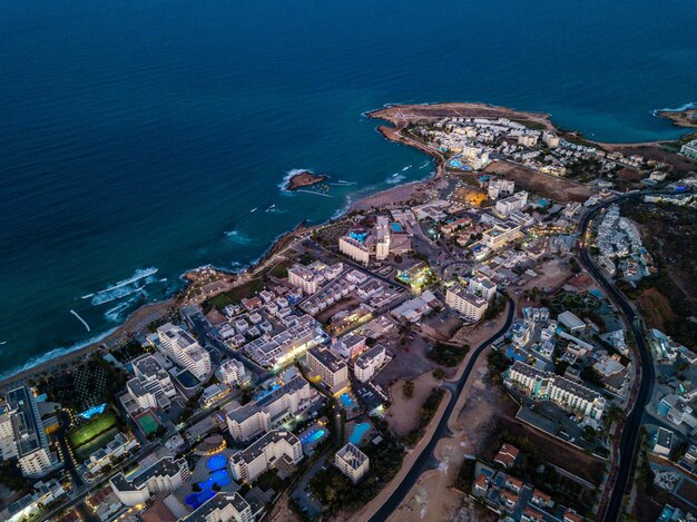 Aerial view on resort city at the evening