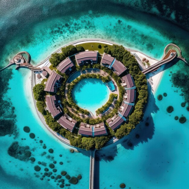 An aerial view of a resort surrounded by water