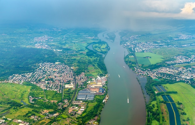 Aerial view of the Rhine River near Mainz, the Rhineland-Palatinate State of Germany