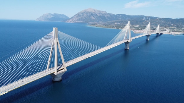 Aerial view of the Rio-Antirrio Bridge which is located over the Gulf of Corinth near the Giekeland