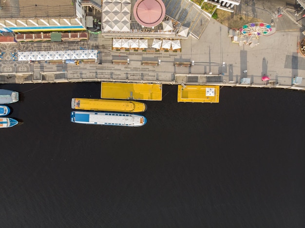 Aerial view of river bay with ships public place