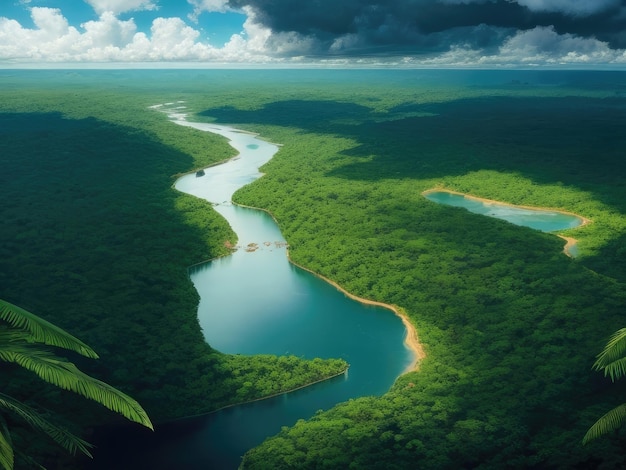 An aerial view of the river in the forest