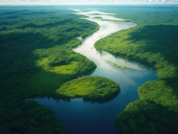 An aerial view of the river in the forest