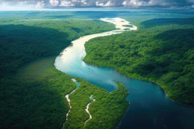 An aerial view of the river in the forest