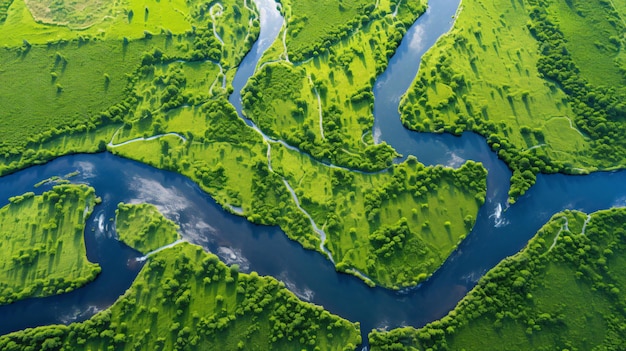 Photo aerial view of the river in green field