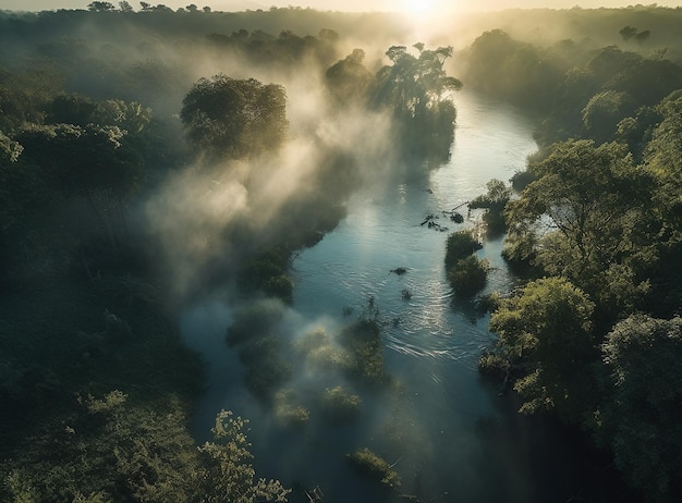 Вид с воздуха на реку в джунглях с туманным небом