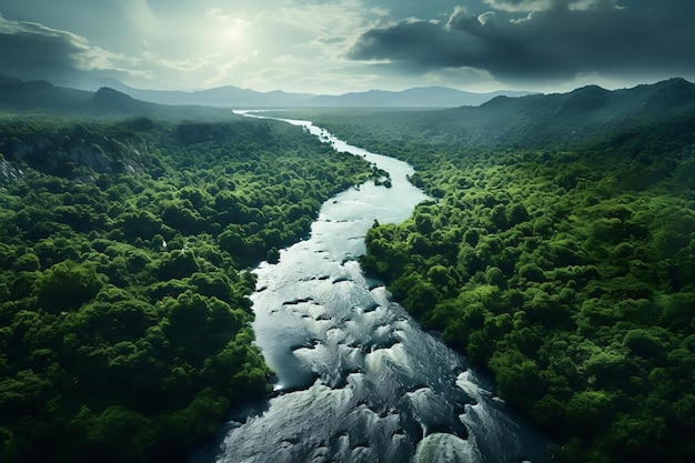 Aerial View of River in Lush Forest AI