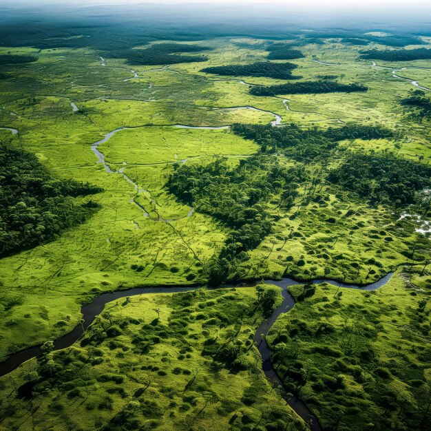Вид с воздуха на реку в пышном зеленом пейзаже