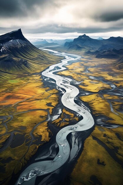 Photo an aerial view of a river running through a valley