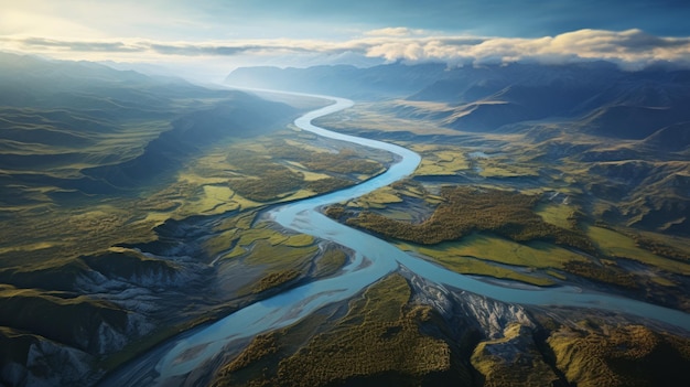 An aerial view of a river running through a valley