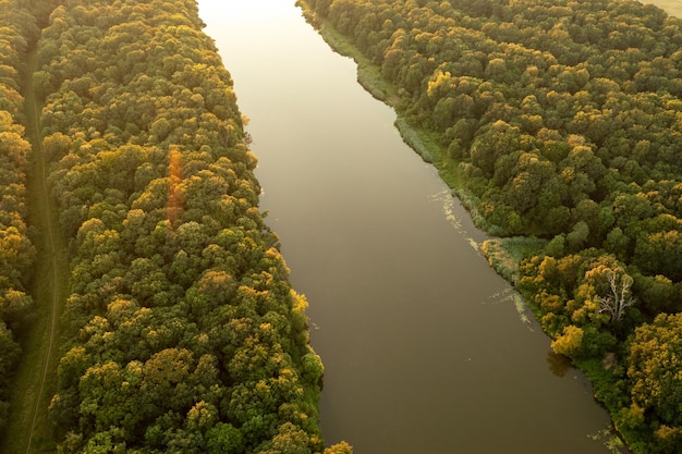 Вид с воздуха на реку на закате летом