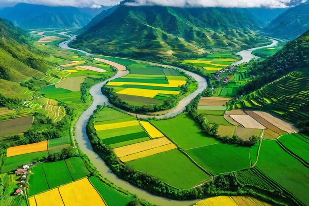 Aerial view of a river winding through a green valley with villages and fields